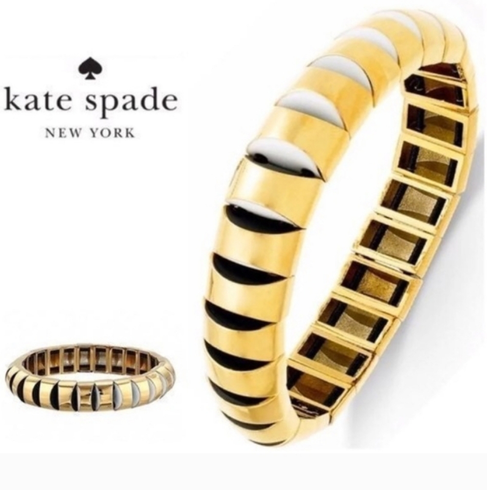 KATE SPADE Sliced Scallops Gold Black & White Stretch Bracelet NWT